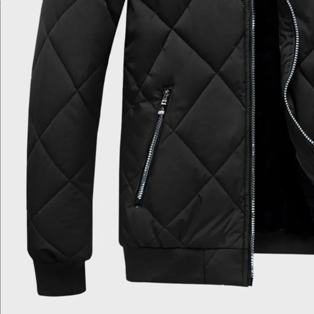Men Black zipper pocket bomber jacket coat quilted - Picture 3 of 6